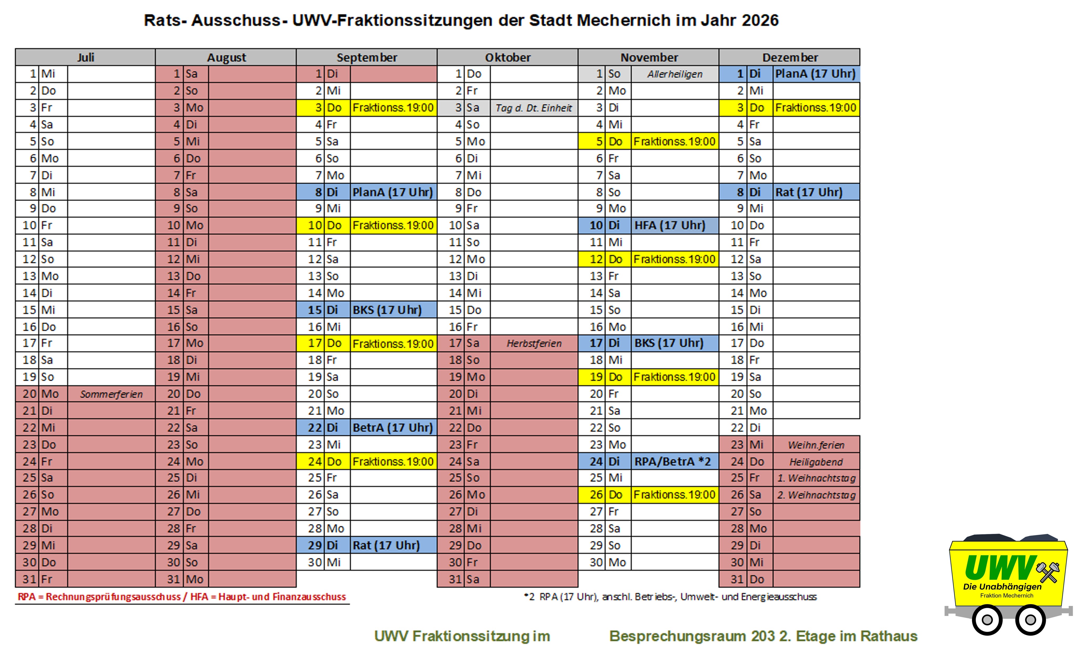 Termine 2026 August - Dezember 2026